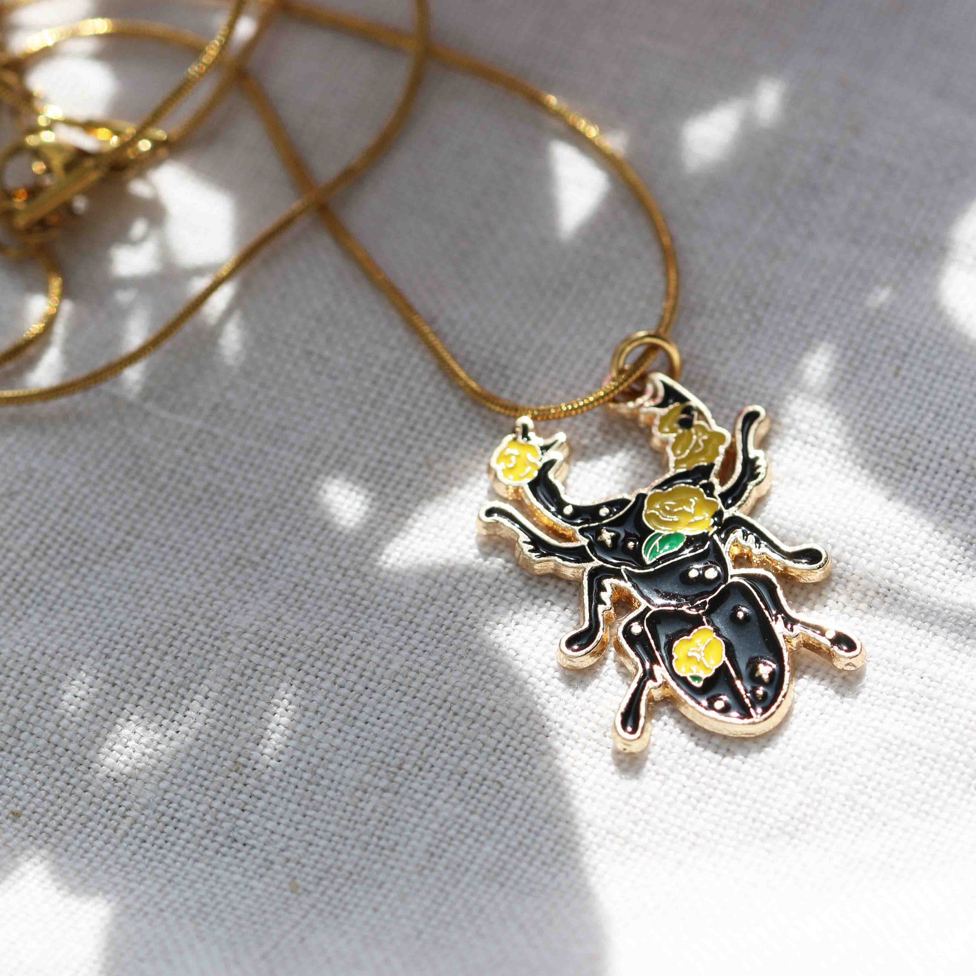 Floral Beetle Necklace – Gold Enamel Insect Pendant 3