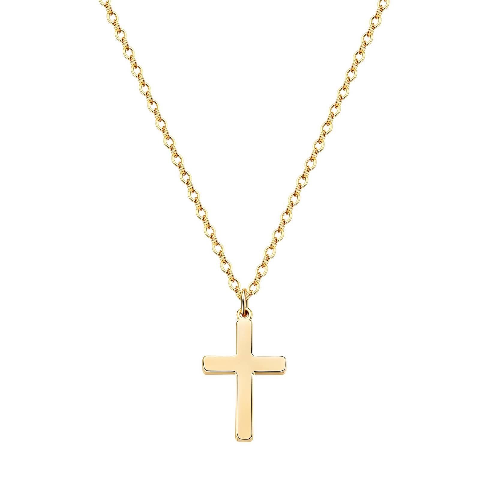 A gold-plated stainless steel cross pendant necklace on a gold chain.