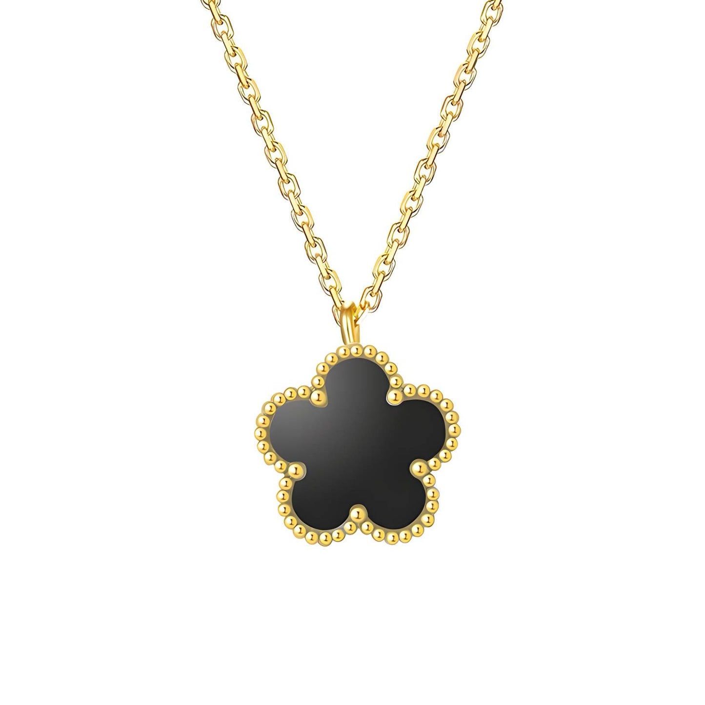 A gold-plated necklace with a clover-shaped pendant on a white background.