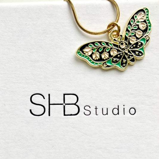 Green and Black Floral Butterfly Necklace