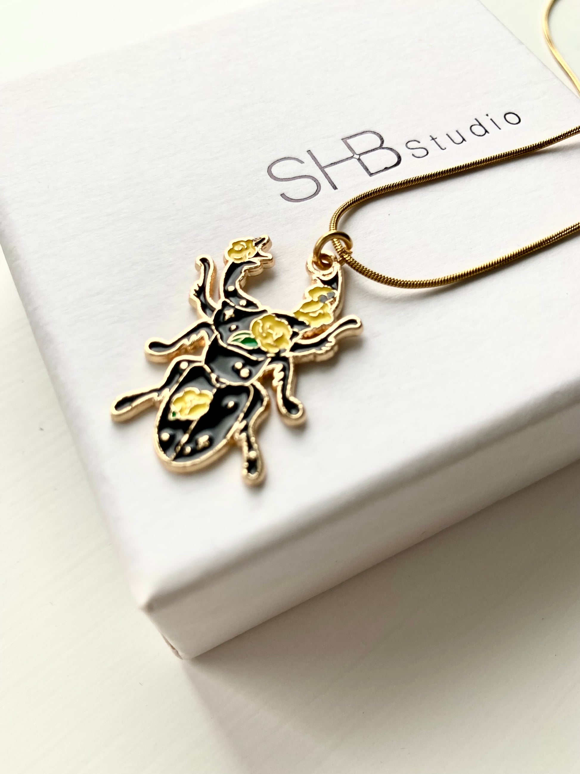 Floral Beetle Necklace – Gold Enamel Insect Pendant 2