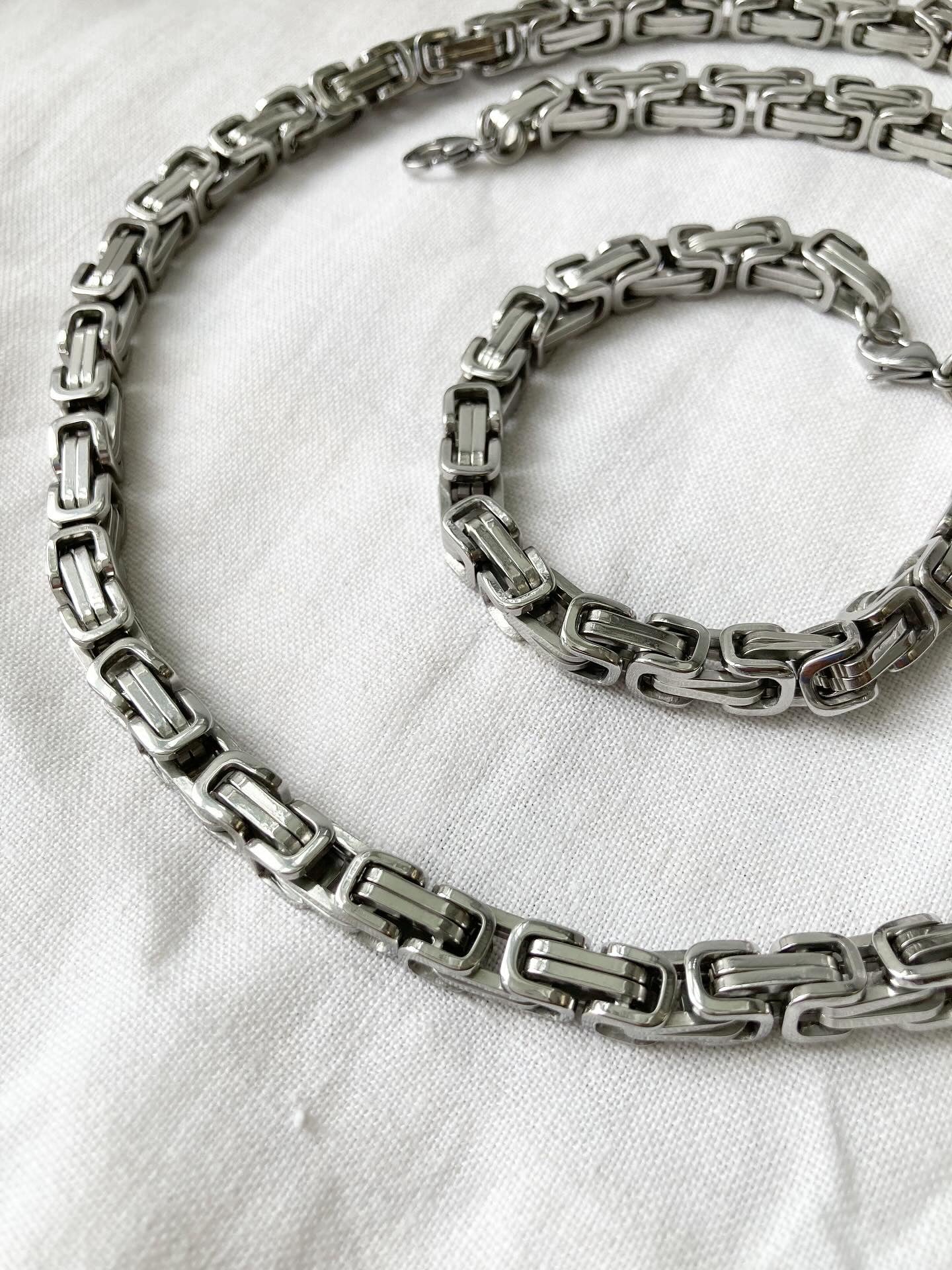 Men’s Stainless Steel Byzantine Chain Set – Necklace & Bracelet