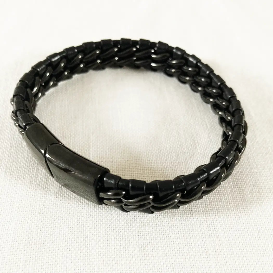 Men’s Black Braided Leather Bracelet – Stainless Steel Magnetic Clasp | SHB Studio