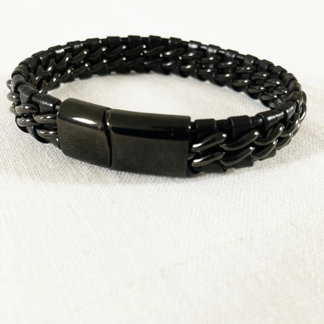 Men’s Black Braided Leather Bracelet – Stainless Steel Magnetic Clasp | SHB Studio
