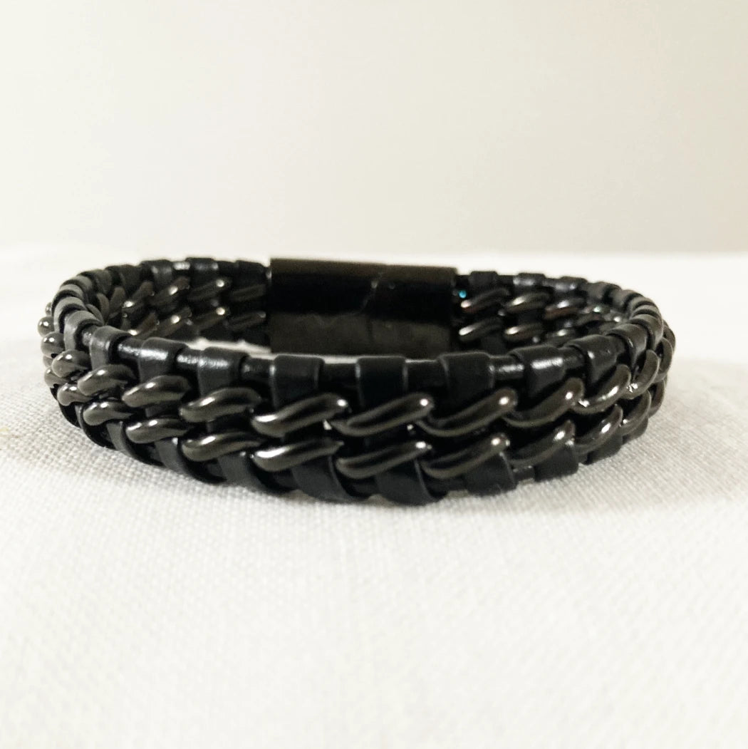 Men’s Black Braided Leather Bracelet – Stainless Steel Magnetic Clasp | SHB Studio
