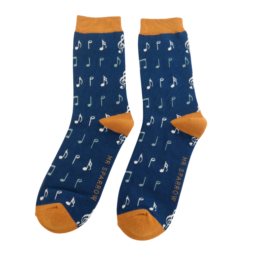 Men’s Bamboo Socks – Music Notes Pattern in Navy by Mr Sparrow