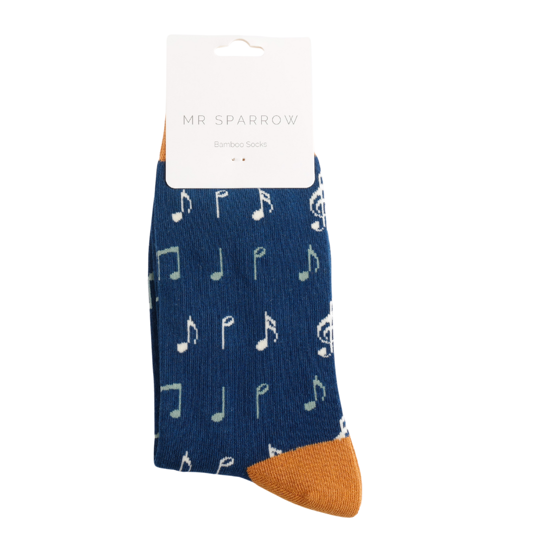 Men’s Bamboo Socks – Music Notes Pattern in Navy by Mr Sparrow