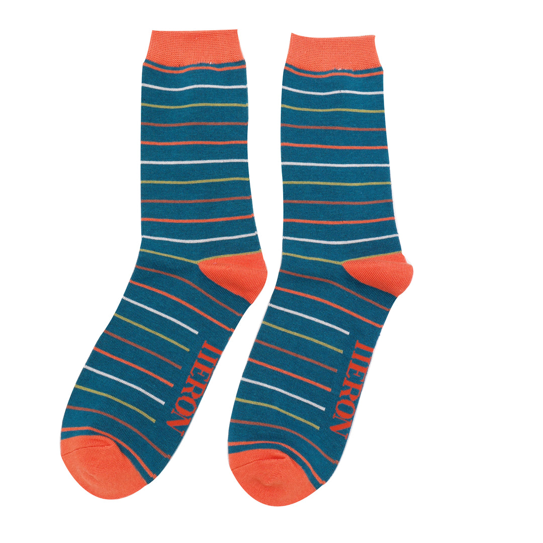 Men’s Bamboo Socks – Thin Stripes in Teal & Orange