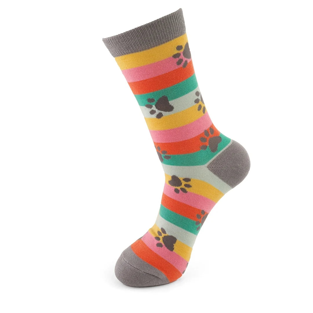 Miss Sparrow Bamboo Socks – Rainbow Stripes with Paw Print