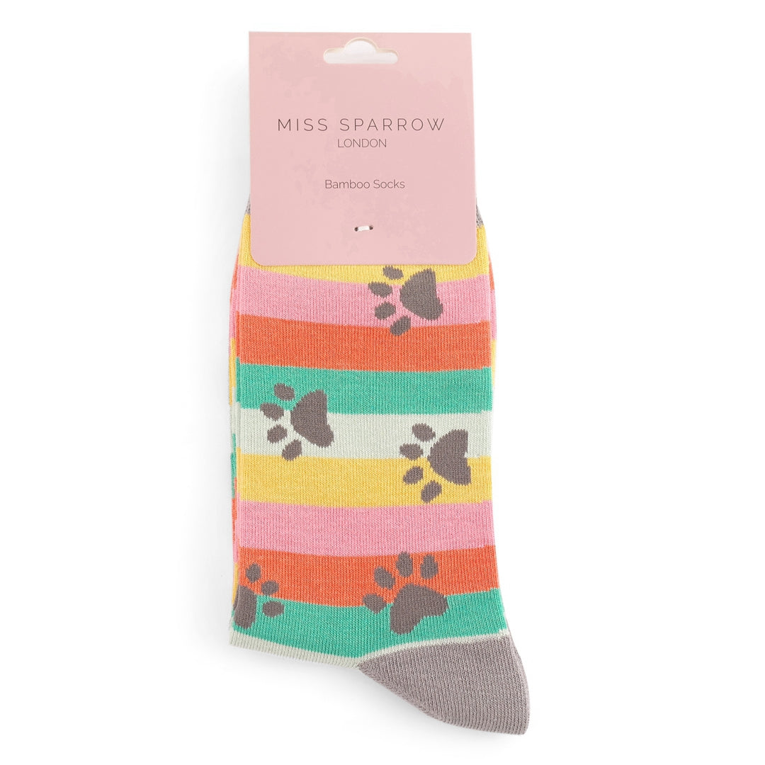 Miss Sparrow Bamboo Socks – Rainbow Stripes with Paw Print