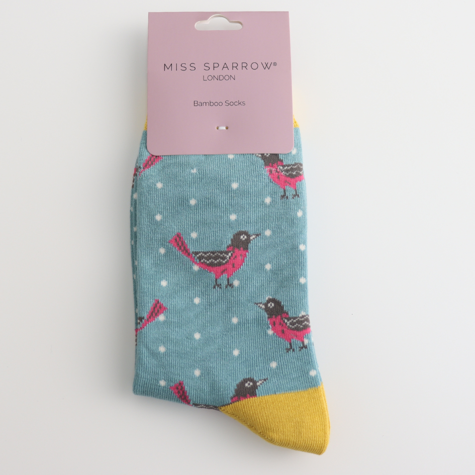 Miss Sparrow Bamboo Socks – Pink Bird on Duck Egg Blue