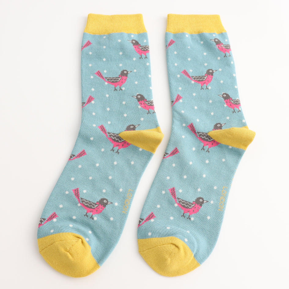 Miss Sparrow Bamboo Socks – Pink Bird on Duck Egg Blue