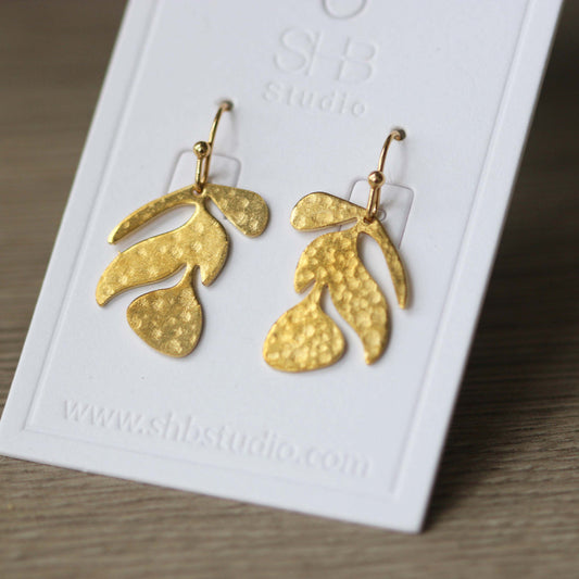 Gold Hammered Leaf Earrings – Lightweight - Gift for Her
