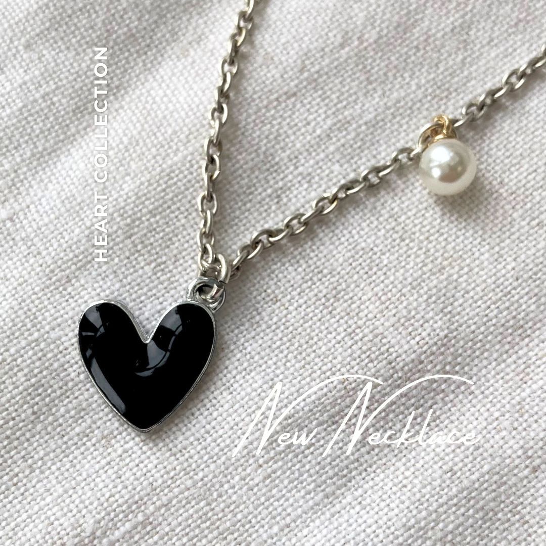 Black Heart Necklace – Enamel Pendant with Pearl Charm