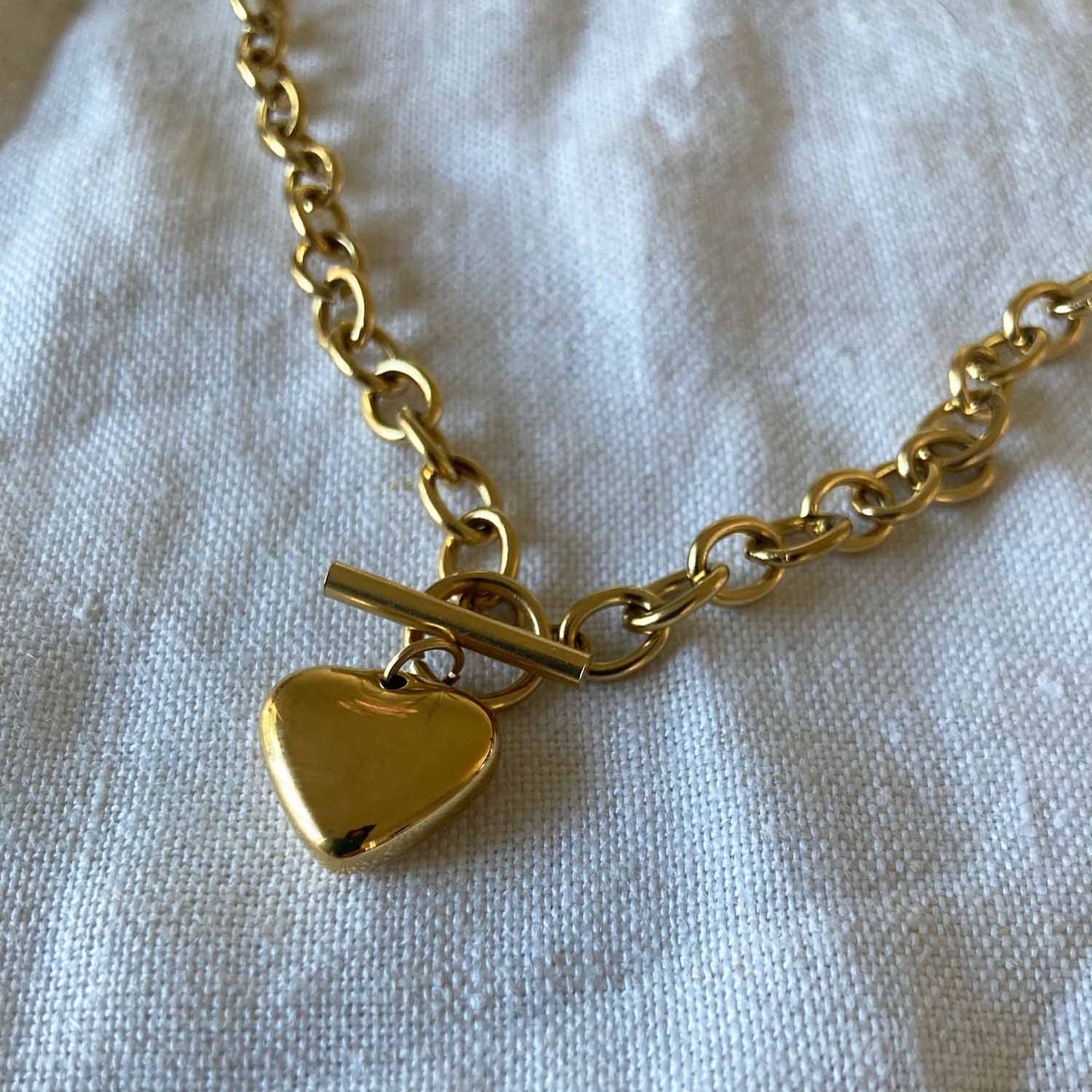 Chunky Gold Heart Necklace | Toggle Clasp Chain Necklace | Stainless Steel Waterproof Jewellery | Minimalist Heart Pendant for Women