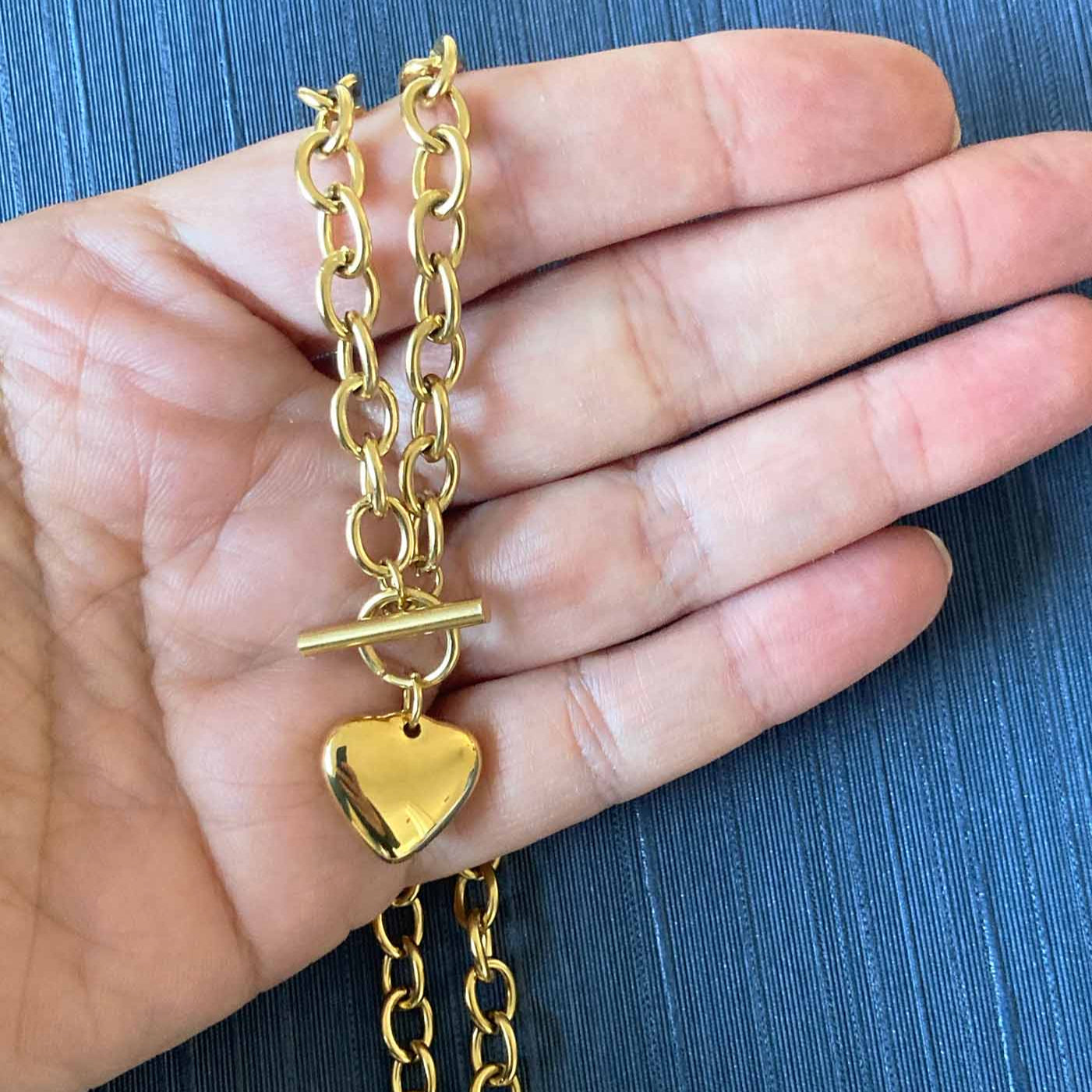 Chunky Gold Heart Necklace | Toggle Clasp Chain Necklace | Stainless Steel Waterproof Jewellery | Minimalist Heart Pendant for Women