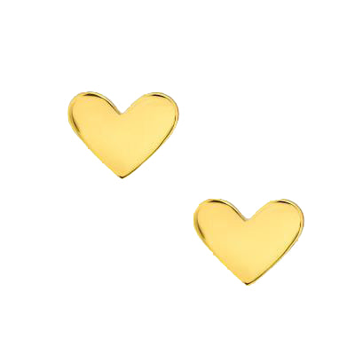 A pair of gold-colored heart-shaped sterling silver ear studs against a light grey background.