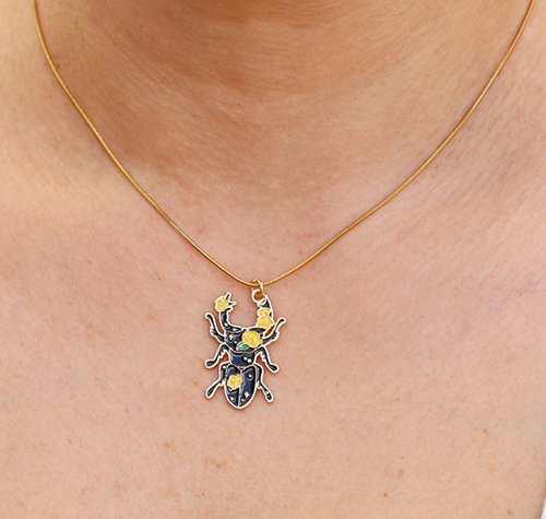Floral Beetle Necklace – Gold Enamel Insect Pendant 4