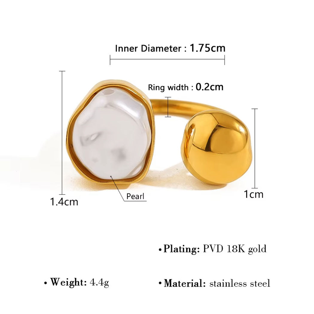 Trendy Jewelry Oval Pearl Open Ring – 18K Gold Plated, Adjustable Stainless Steel, Waterproof Statement Pearl Ring