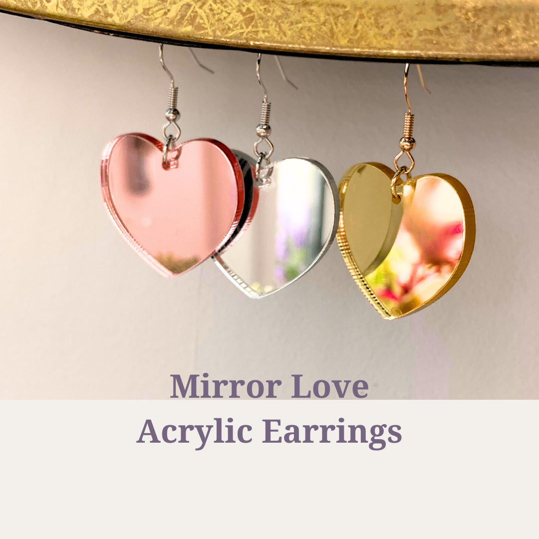 pink heart mirror love acrylic earrings