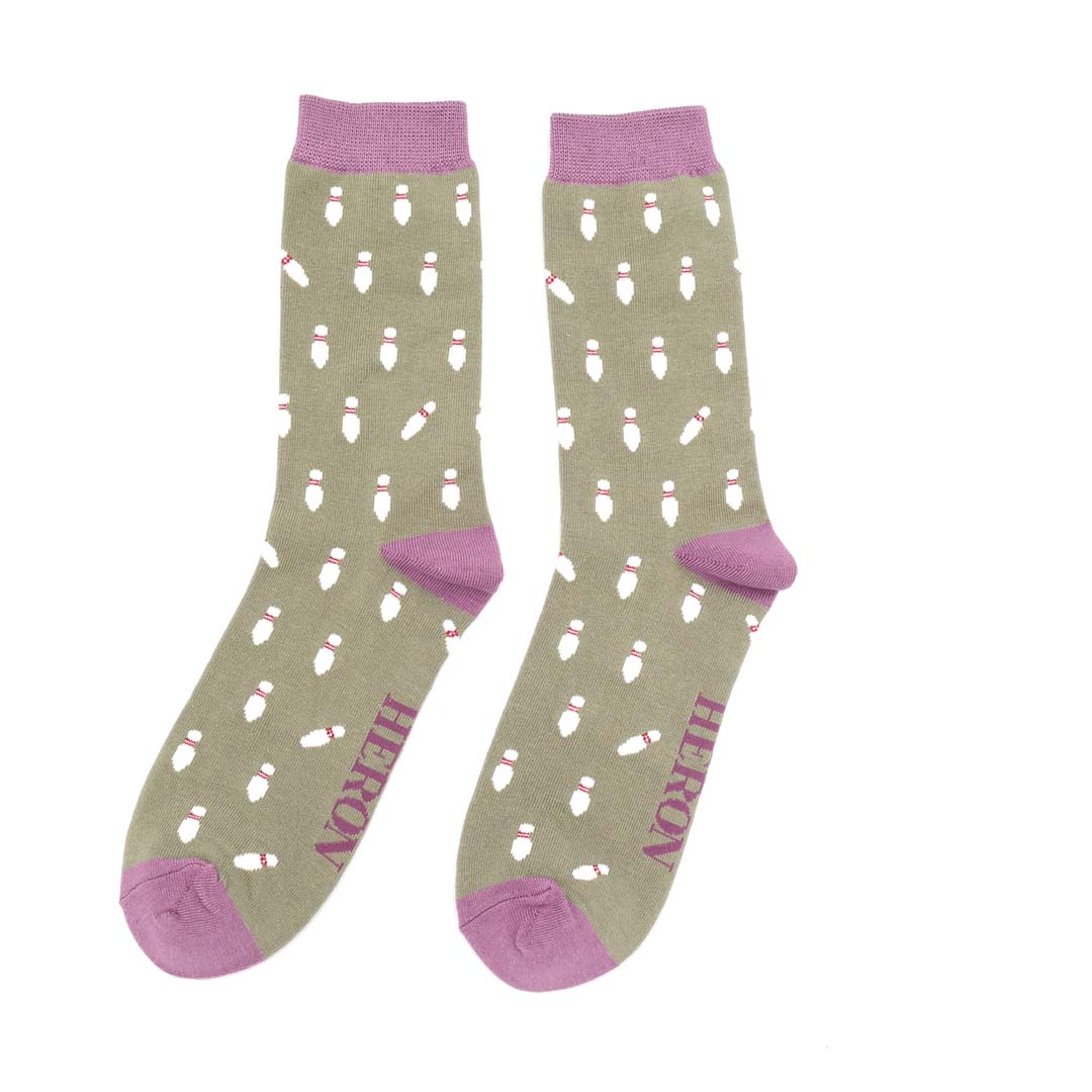 Mr Heron Bowling Pins Bamboo Socks – Olive Green Men's Novelty Socks