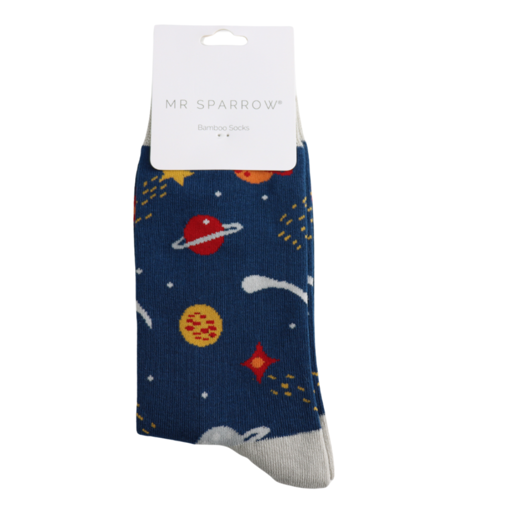 Mr Sparrow bamboo socks navy blue with planets and stars space design – eco-friendly novelty socks-2