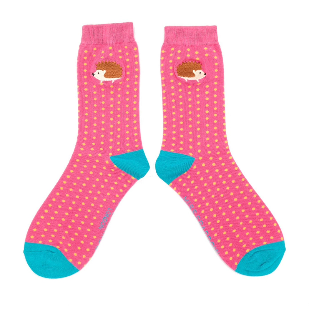 Miss Sparrow hot pink bamboo socks with embroidered hedgehog design and teal toe – eco-friendly ladies socks from SHB Studio UK