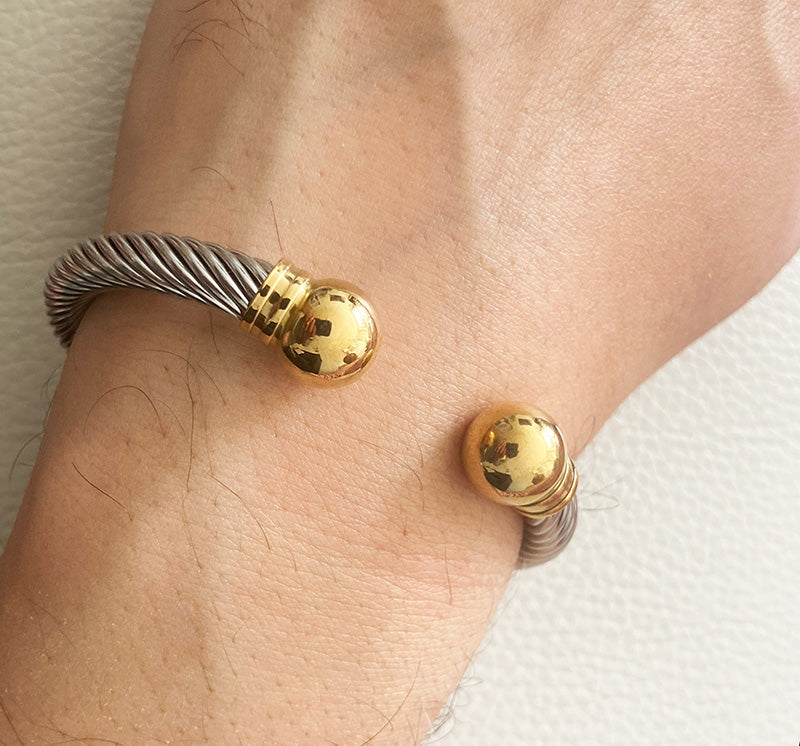 Two-Tone Cable Cuff Bracelet – Stainless Steel Silver & Gold Bangle | SHB Studio