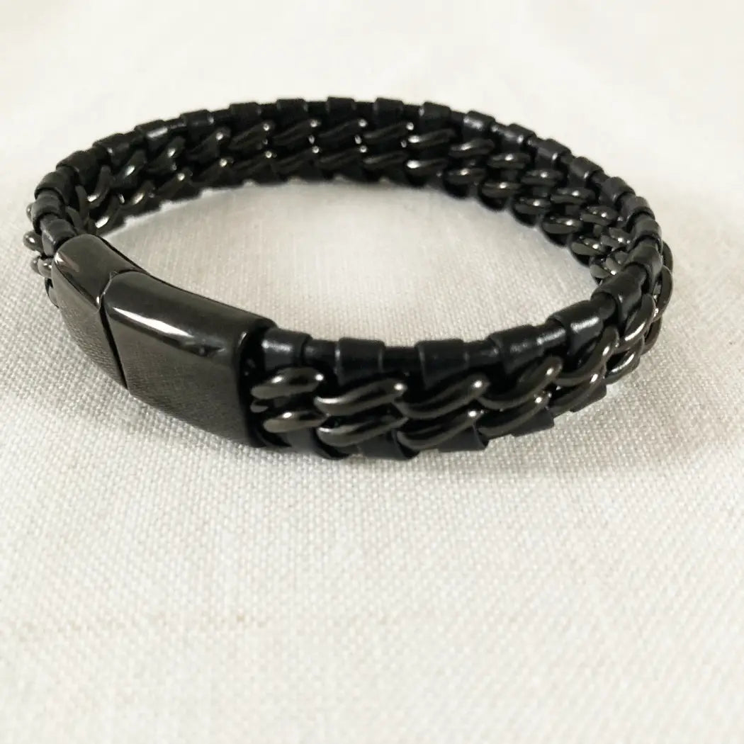 Men’s Black Braided Leather Bracelet – Stainless Steel Magnetic Clasp | SHB Studio
