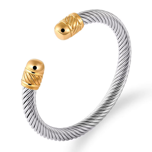 Silver and Gold Cable Cuff Bracelet - Gift for Him - Stainless Steel Silver & Gold Bangle