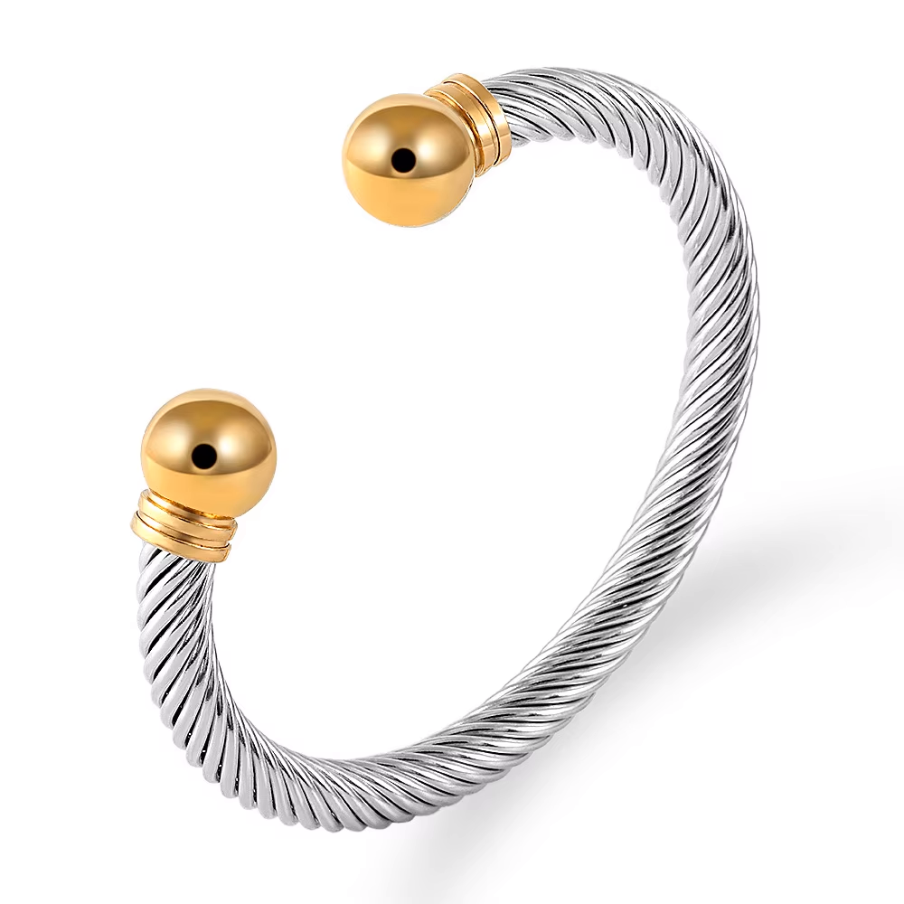 Two-Tone Cable Cuff Bracelet – Stainless Steel Silver & Gold Bangle | SHB Studio