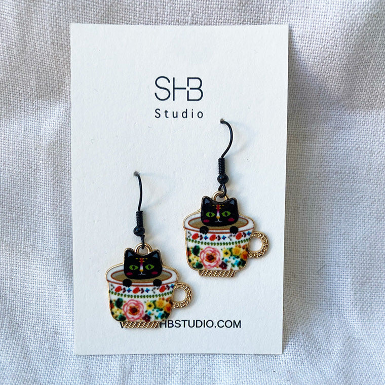 Playful Cup Cat Earrings – Enamel Dangle Jewellery | SHB Studio