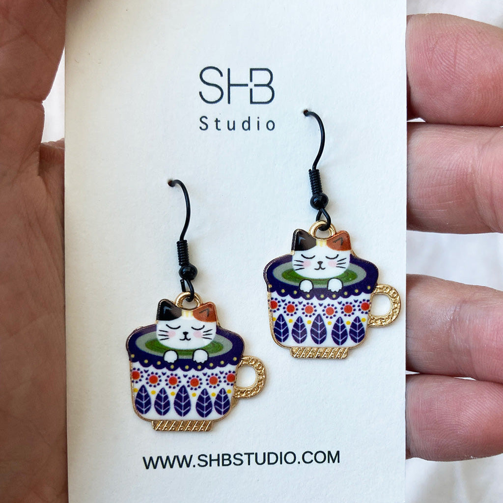 Whimsical Cat Earrings in Teacup – Unique Gift for Cat Lovers