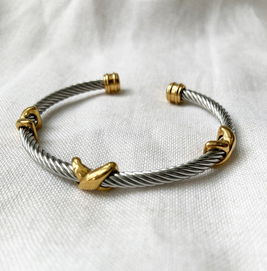Stainless Steel Cable Cuff Bracelet with Gold Accents
