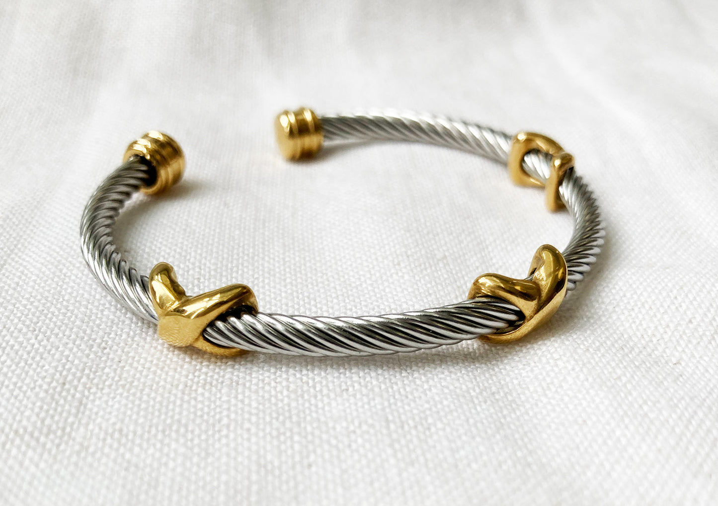 Stainless Steel Cable Cuff Bracelet with Gold Accents – SHB Studio
