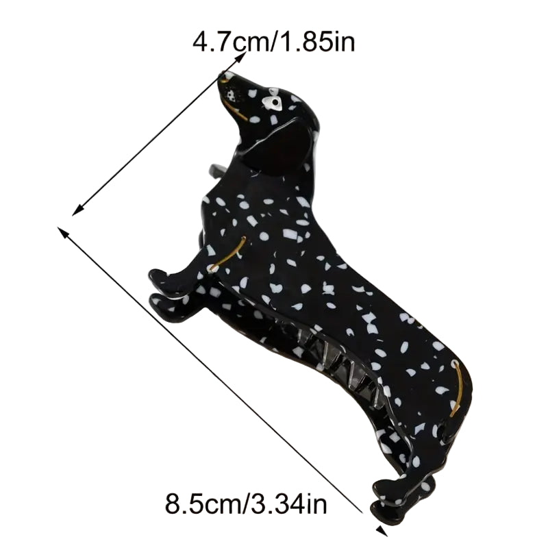 Black hair clip with white dot pattern and measurements on a white background.