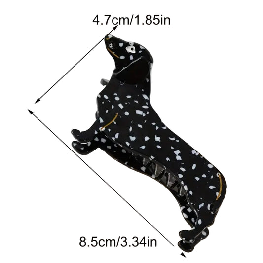Black hair clip with white dot pattern and measurements on a white background.