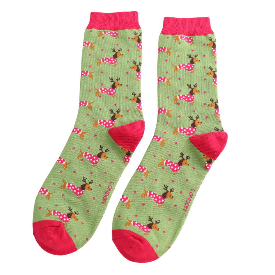 Miss Sparrow Sausage Dog Christmas Bamboo Socks – Green & Red