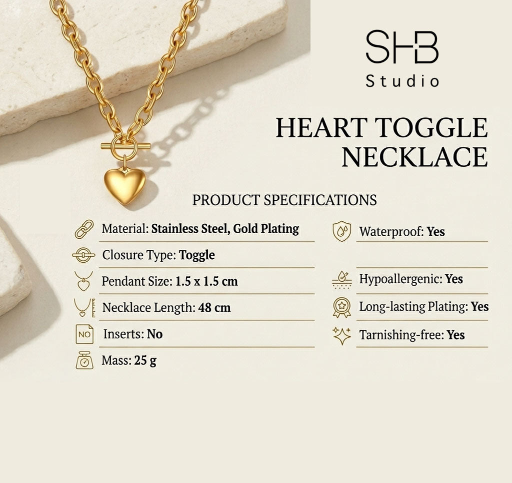 Chunky Gold Heart Necklace | Toggle Clasp Chain Necklace | Stainless Steel Waterproof Jewellery | Minimalist Heart Pendant for Women
