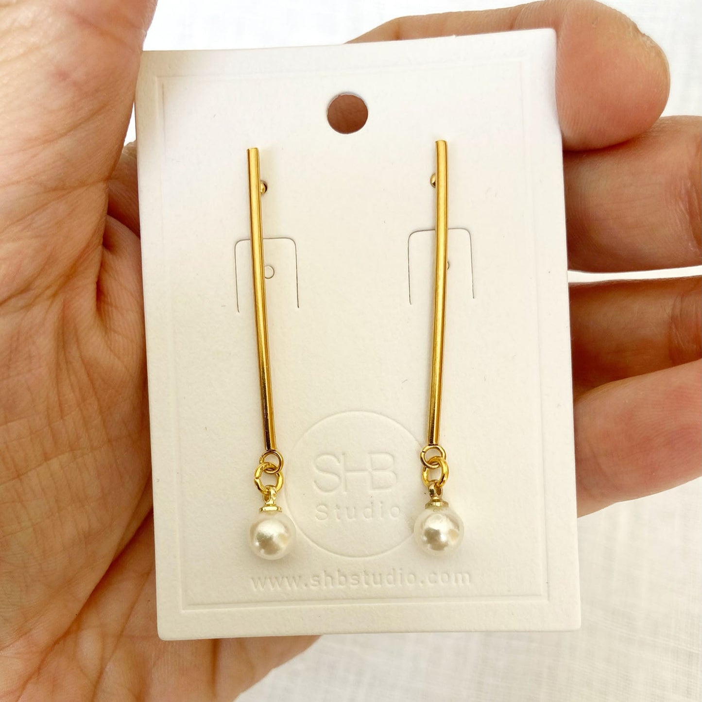 Minimal Long Gold and Pearl Earrings
