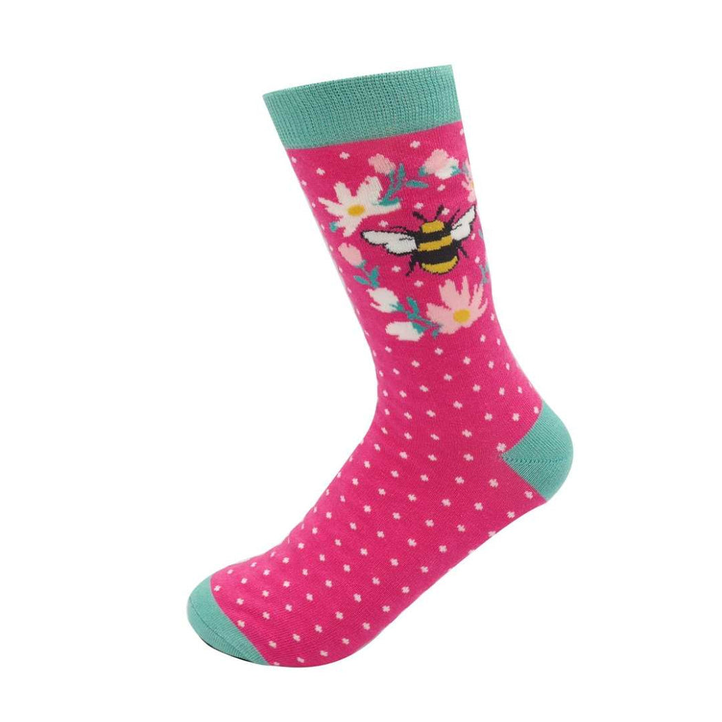 Dark Pink polka dot sock with a bee and floral design on a white background