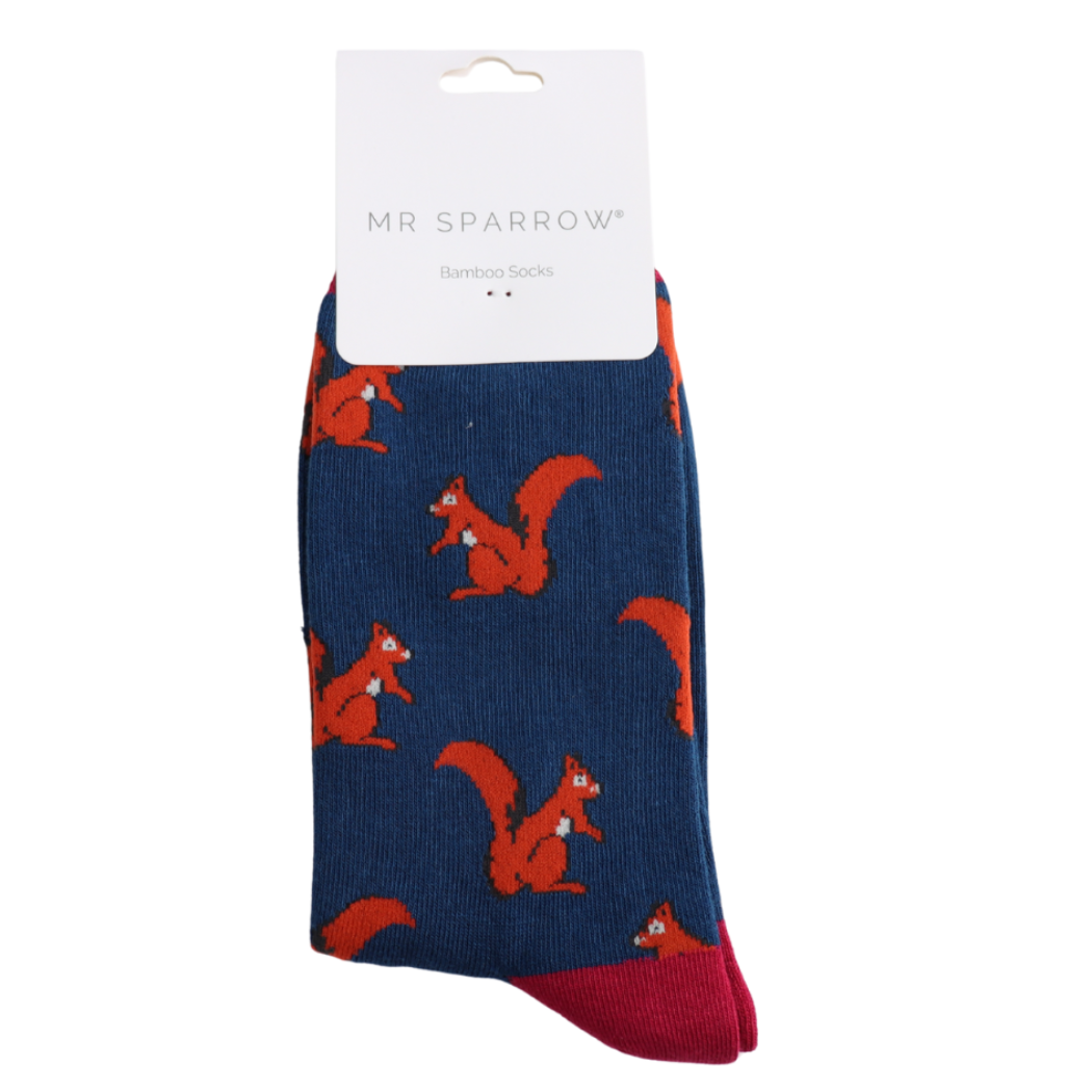 navy blue men bamboo socks with orange squirrels with Mr sparrow logo label.