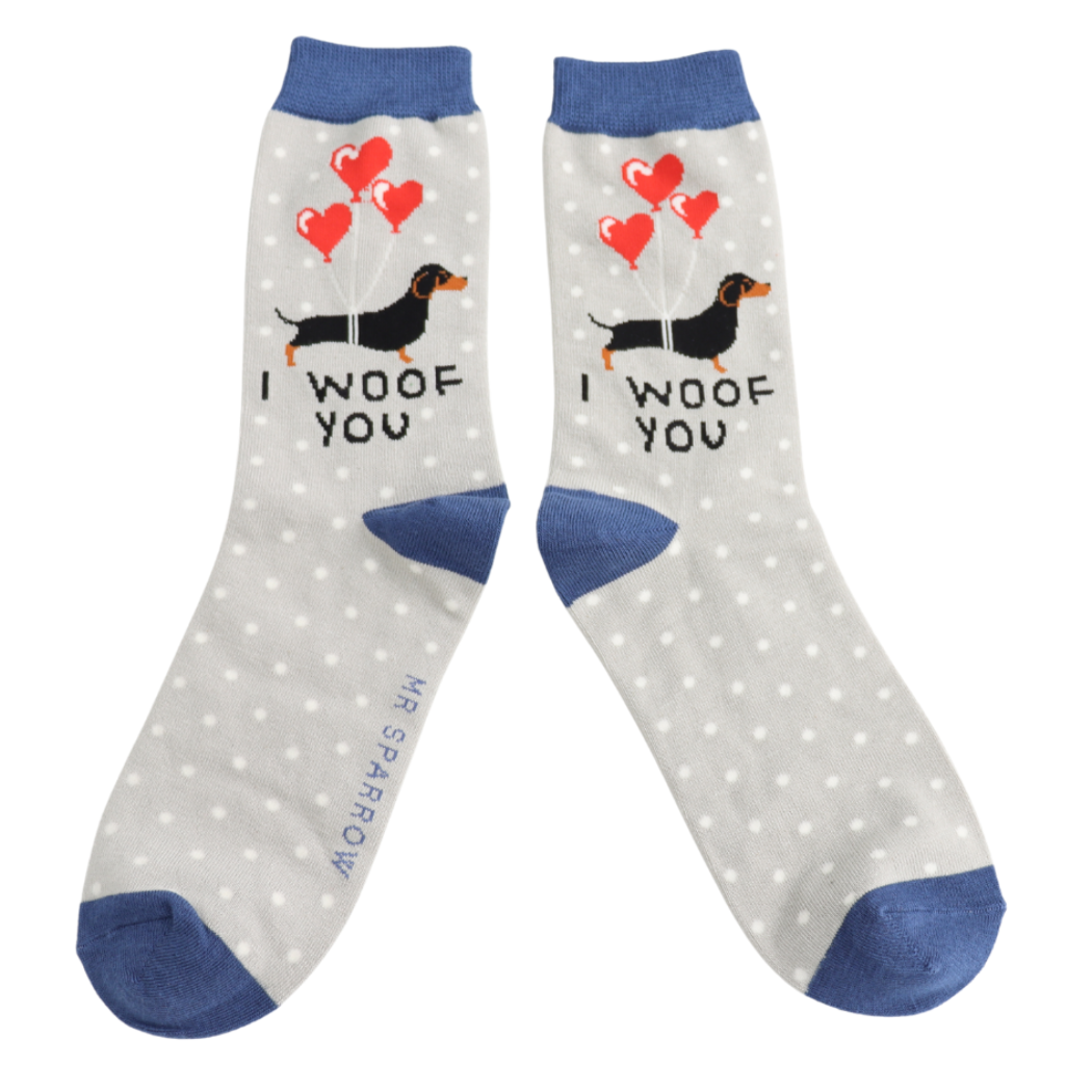 Mr Sparrow bamboo socks in grey with dachshund dog and heart balloon design — I Woof You eco-friendly novelty socks-2