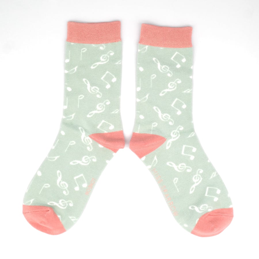 Miss Sparrow London Bamboo Socks – Music Notes Print in Duck Egg