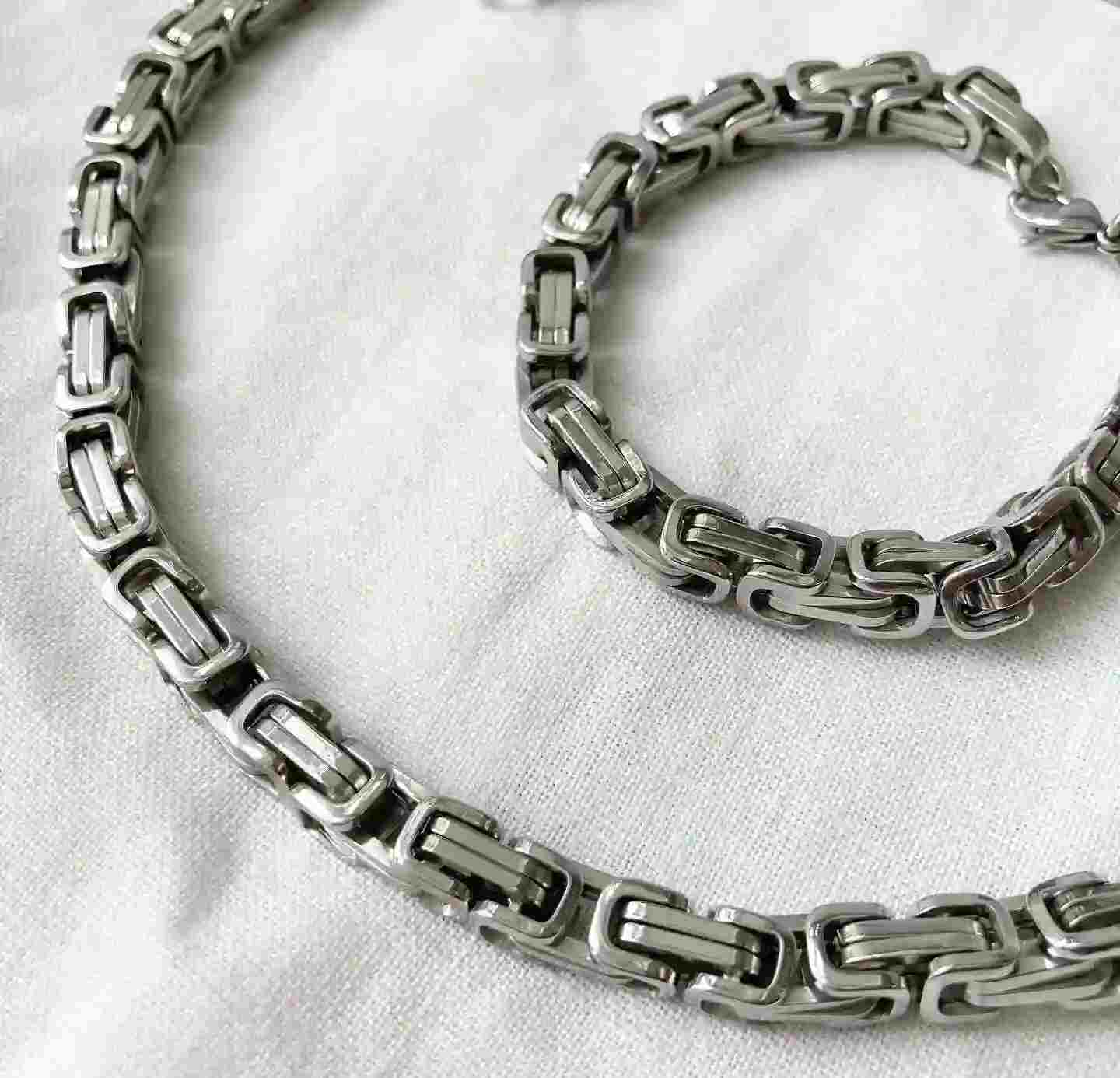 Men’s Stainless Steel Byzantine Chain Set – Necklace & Bracelet