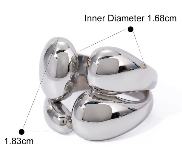 Silver stainless steel ring with measurements on a white background