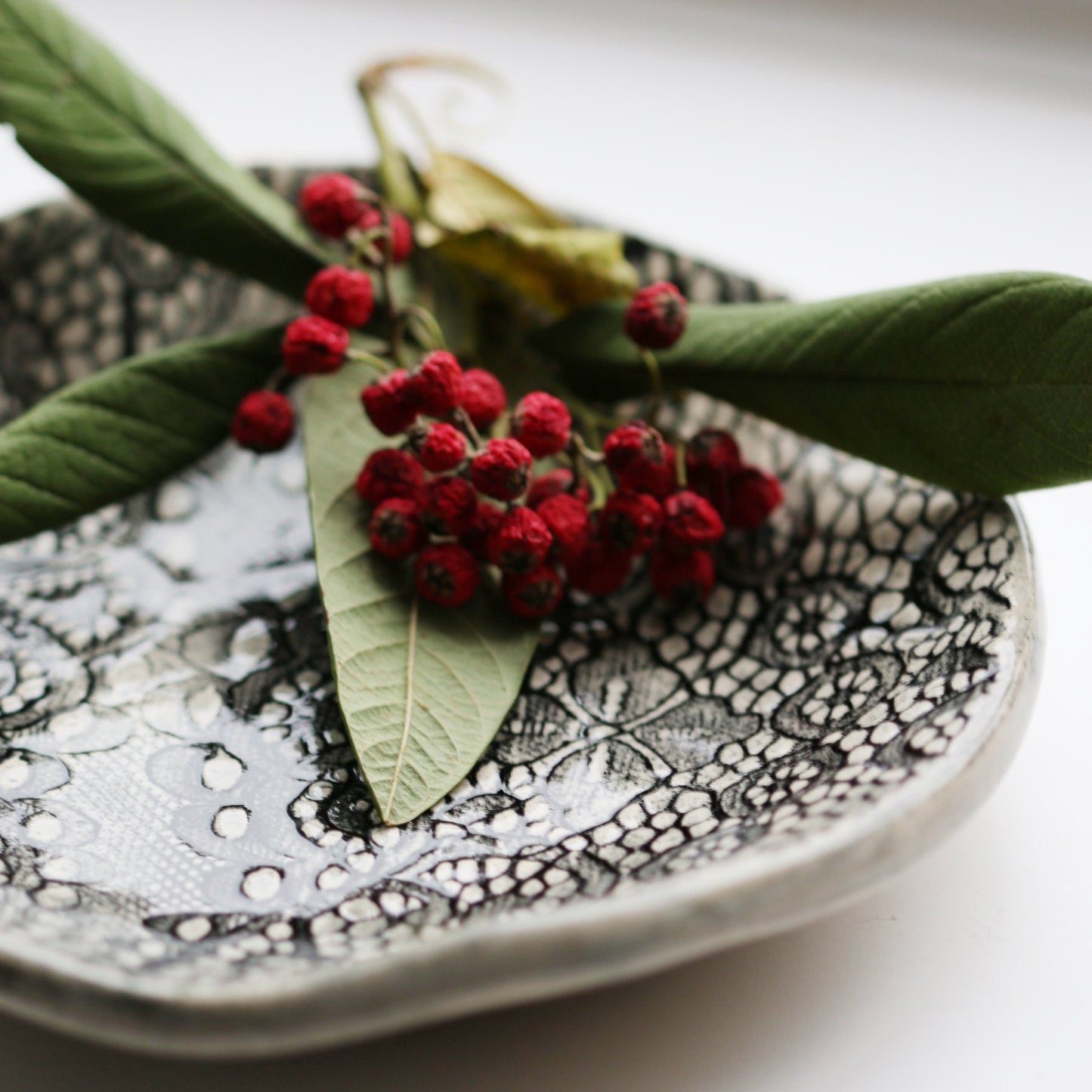 Handmade Lace Pattern Black and White Dish