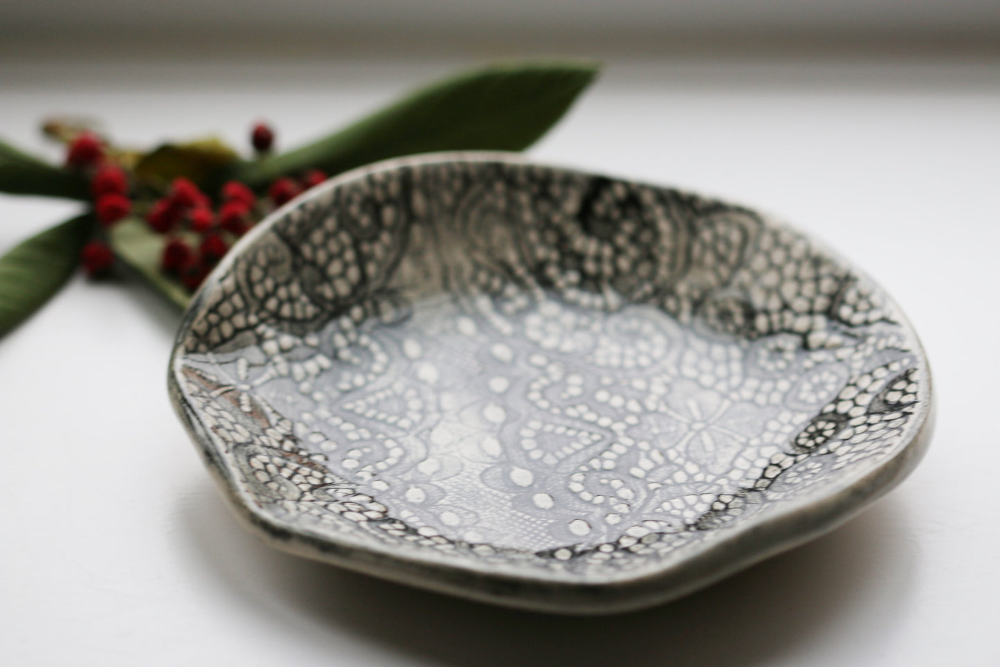 Handmade Lace Pattern Black and White Dish