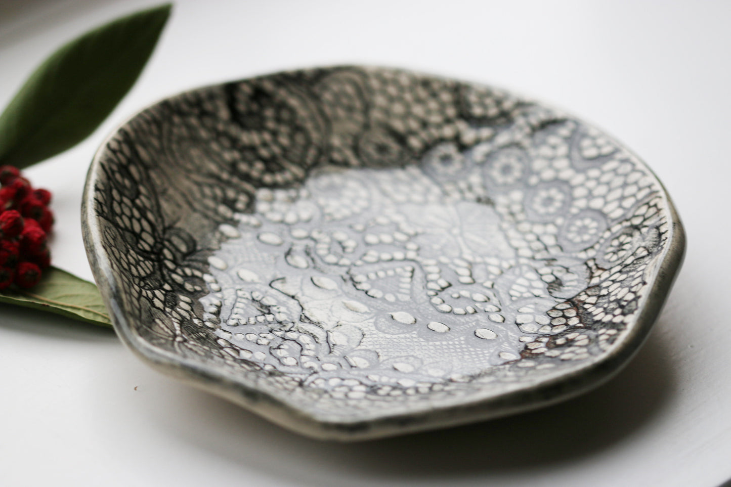 Handmade Lace Pattern Black and White Dish