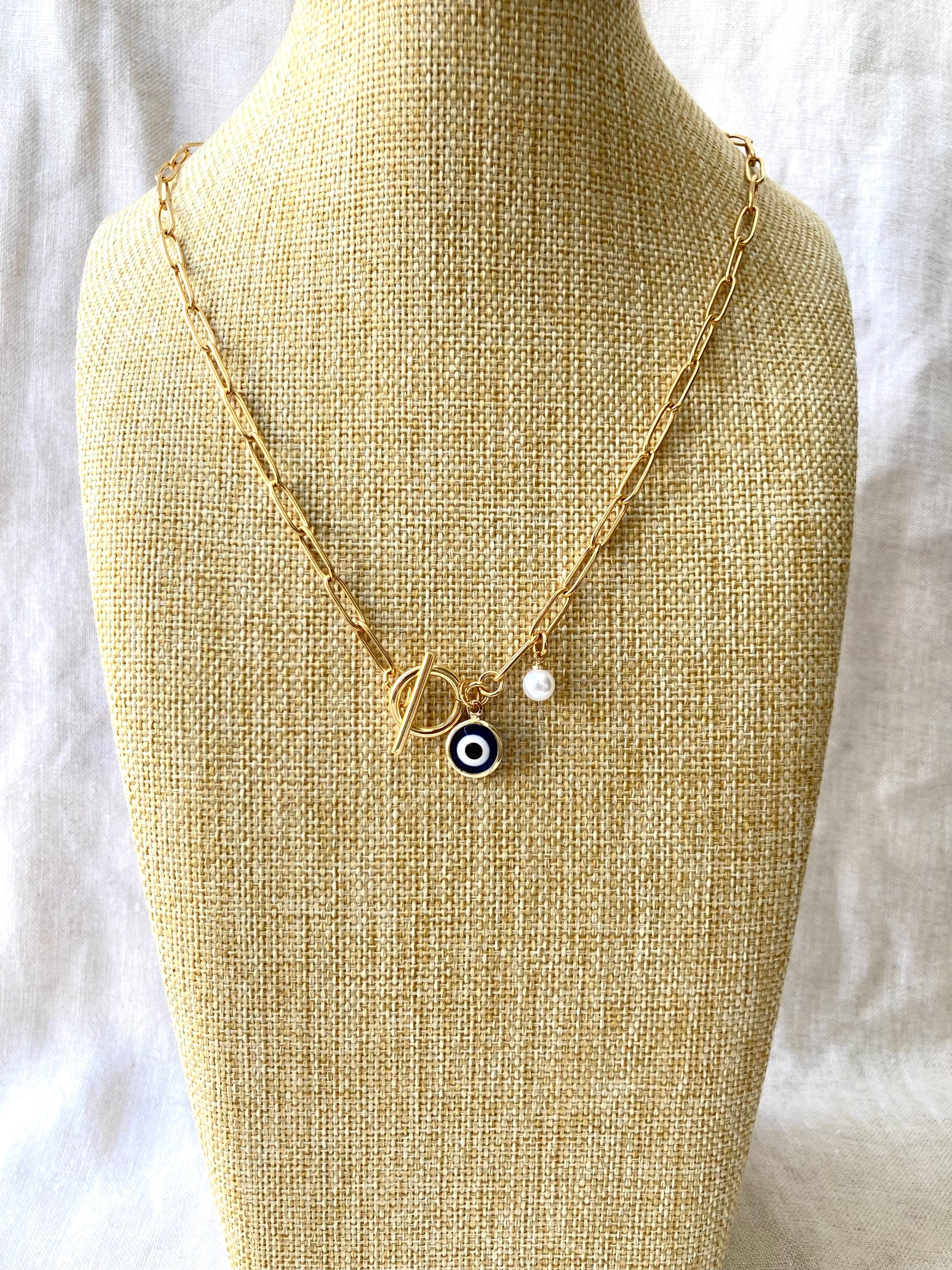 Gold chain with evil eye & pearl